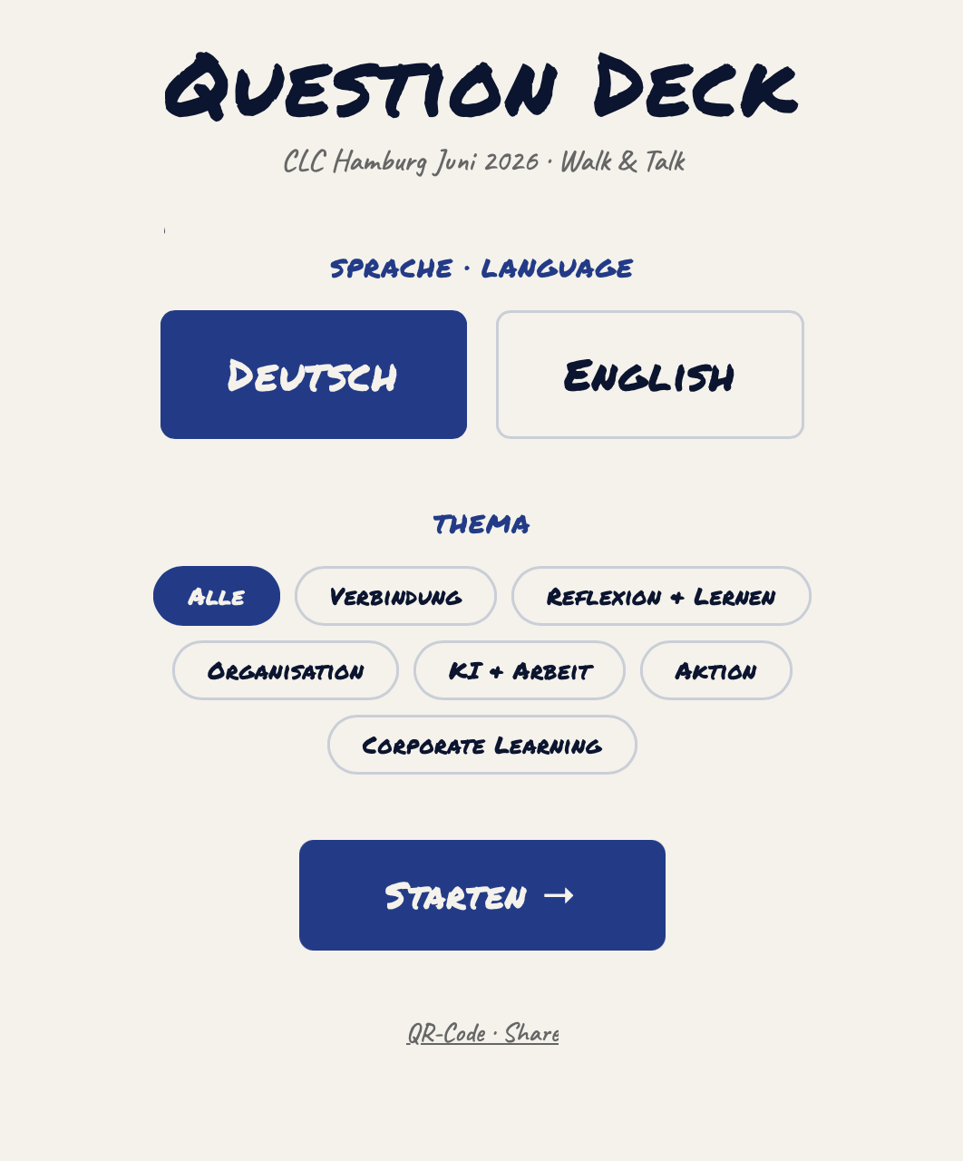Startbildschirm von Question Deck: Sprachauswahl Deutsch/English, darunter Themenfilter wie Verbindung, Reflexion & Lernen, KI & Arbeit, Corporate Learning, unten der Start-Button