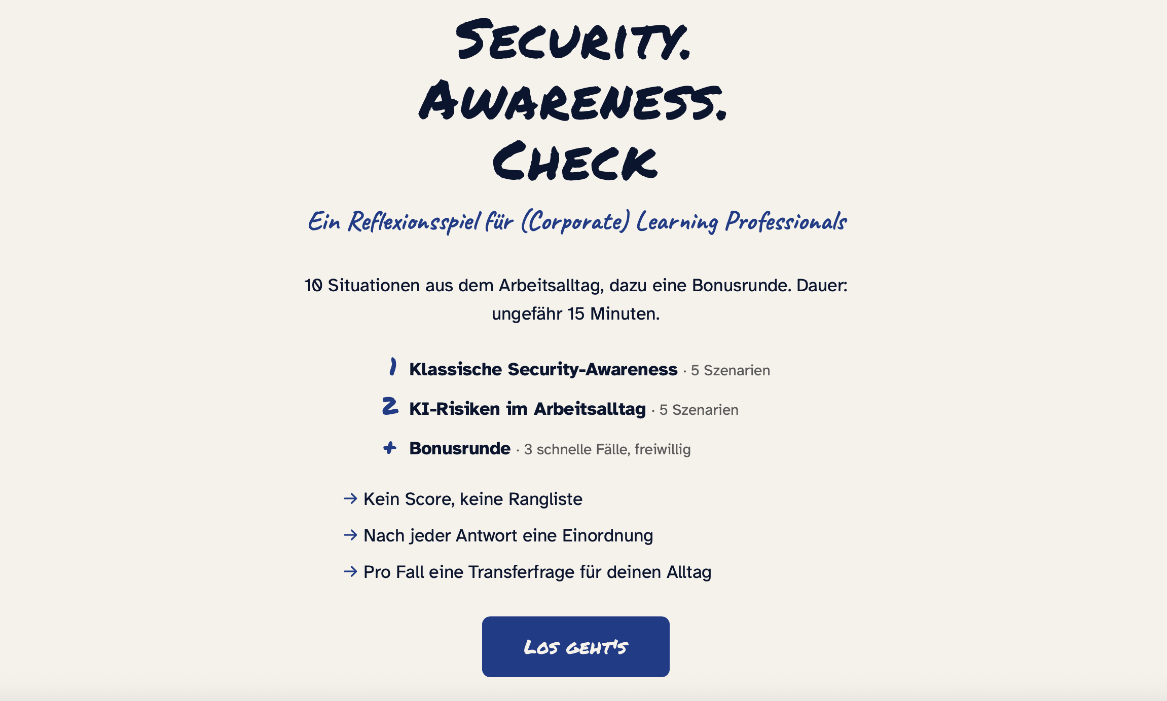Startbildschirm des Security.Awareness.Check: Reflexionsspiel mit zwei Modulen – klassische Security-Awareness und KI-Risiken im Arbeitsalltag, je fünf Szenarien – plus Bonusrunde, unten der Button ‚Los geht's'